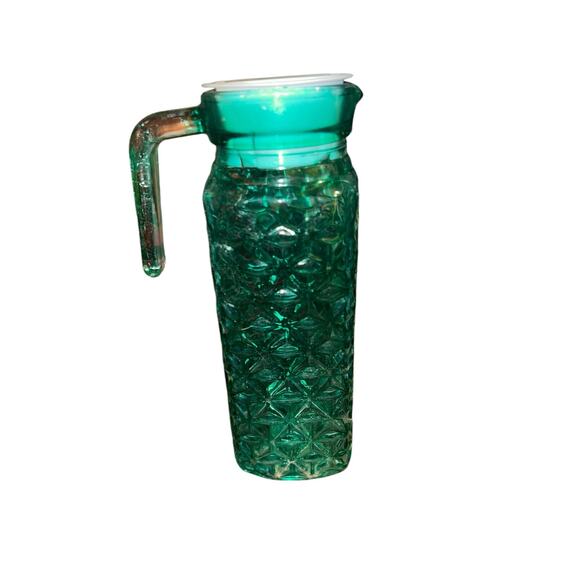 Juice Pitcher Turquoise Beveled Star Pattern Glass Tall Square Vintage Look - Picture 1 of 9